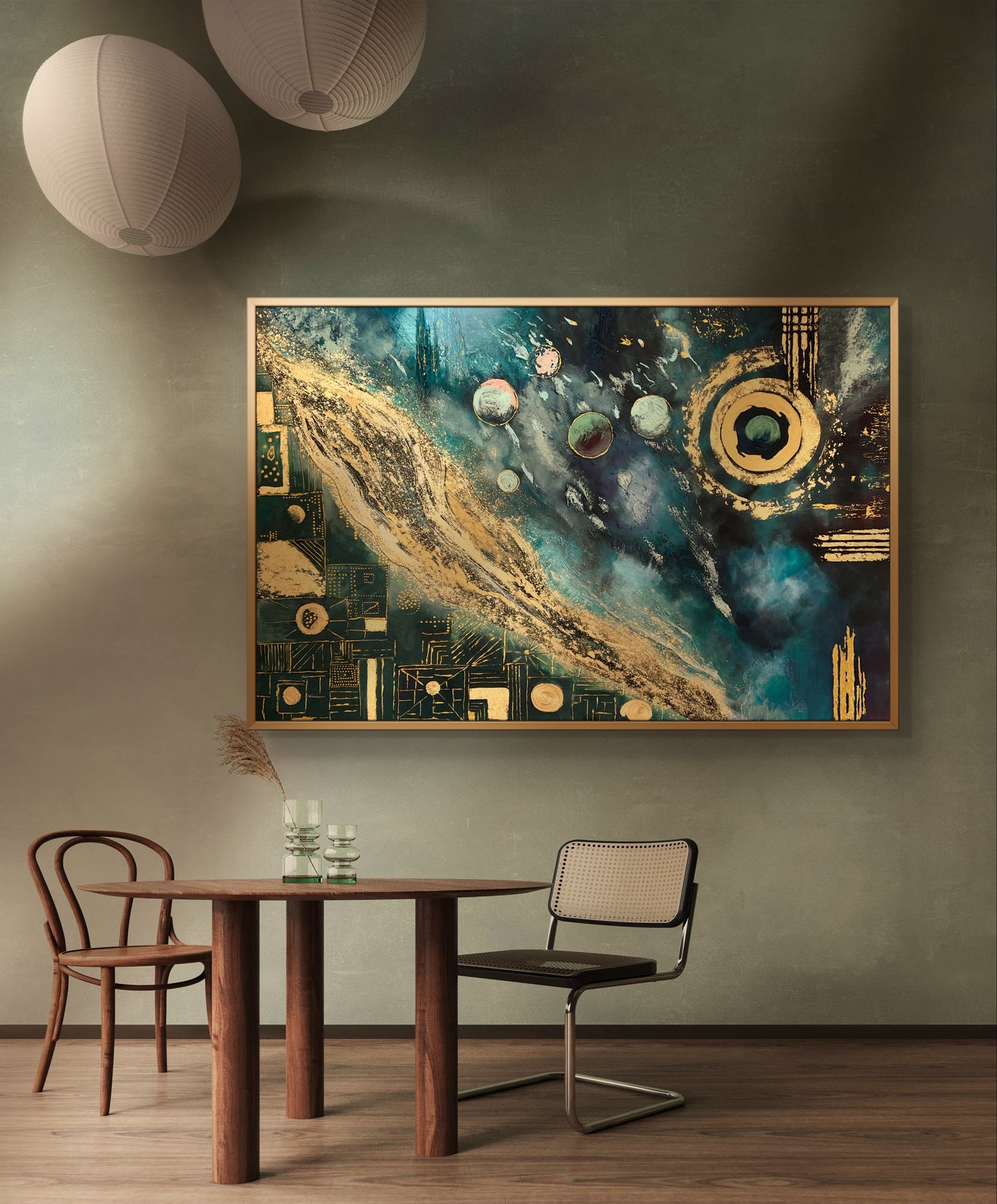 Abstraktes Originalgemälde – Cosmos in Blau & Gold – Acryl auf Leinwand 150 × 100 cm – Handsigniert