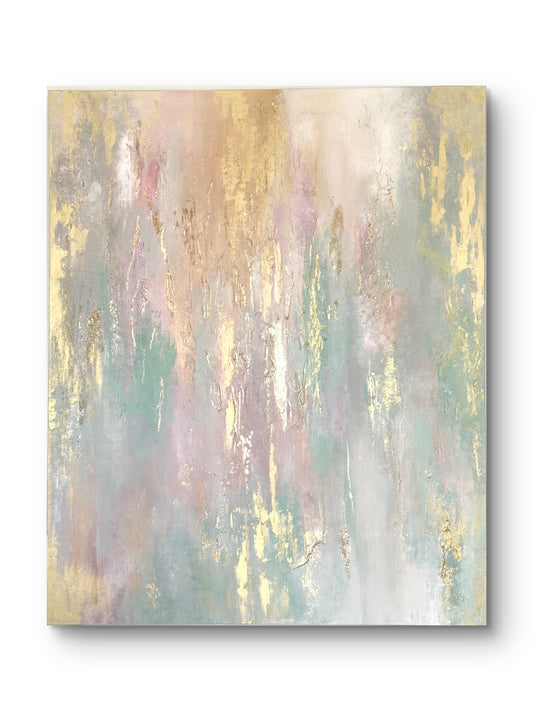 Abstraktes Originalgemälde in Gold, Beige & Pastelltönen – Acryl auf Leinwand 120 × 100 cm – Handsigniert