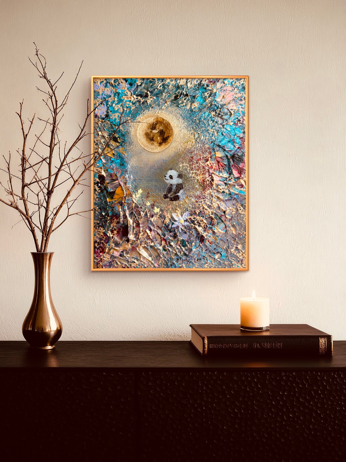 Under the Golden Moon – Handgemaltes Panda Gemälde 24 × 30 cm | Original Acrylmalerei | Kinderzimmer Wandbild | Hope & Light Collection
