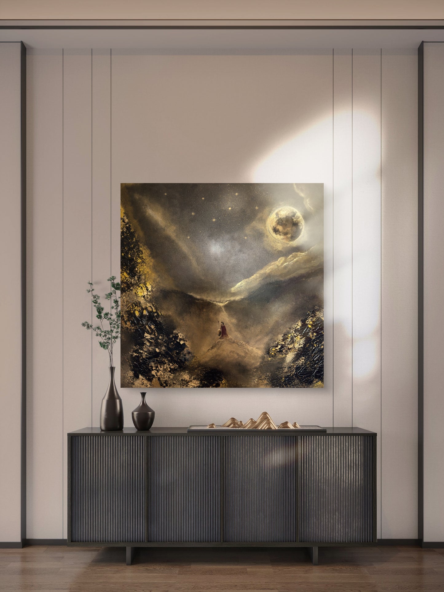 Original handgemaltes Krieger-Gemälde 80 × 80 cm in Gold, Schwarz & Bronze mit Struktur