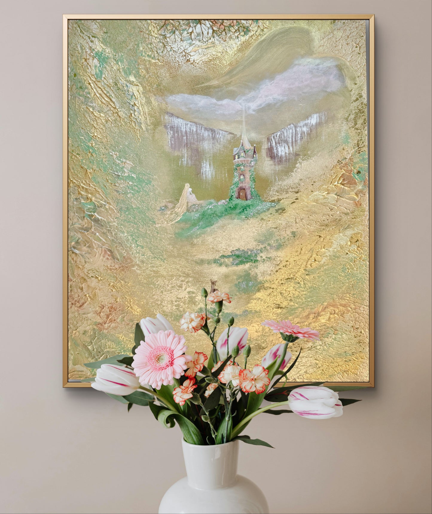 Fantasy Originalgemälde – Rapunzel’s Golden Realm mit Goldakzenten – Acryl auf Leinwand 50 × 40 cm – Handsigniert