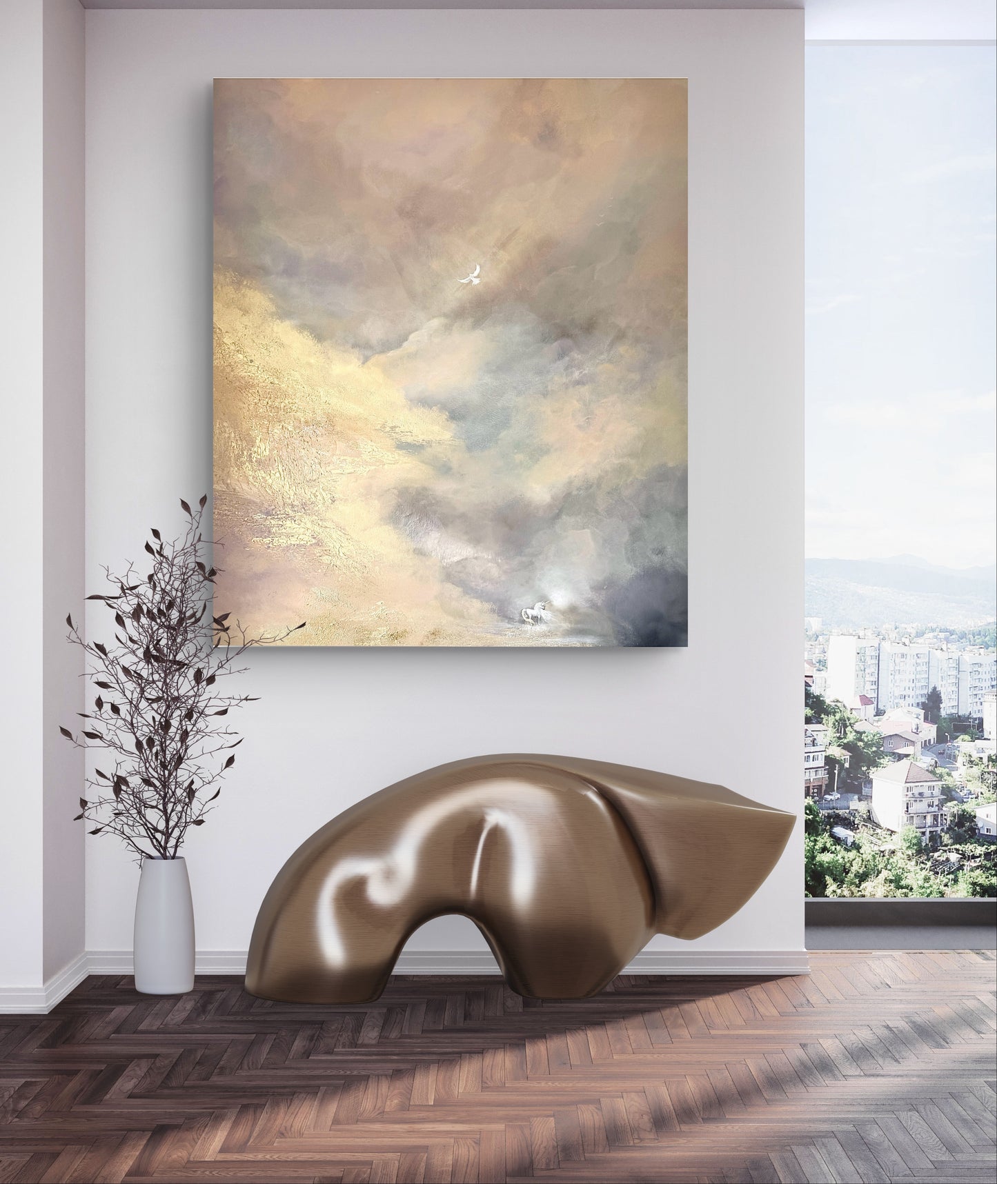 Original handgemaltes Fantasy-Gemälde „Whispers of Magic“ 120 × 100 cm mit Einhorn & Traumlandschaft