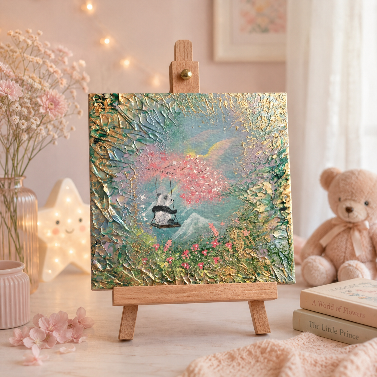 A Swing Above the Mountains – Handgemaltes Panda Gemälde 30 × 30 cm | Original Acrylmalerei | Kinderzimmer Wandbild | Hope & Light Collection