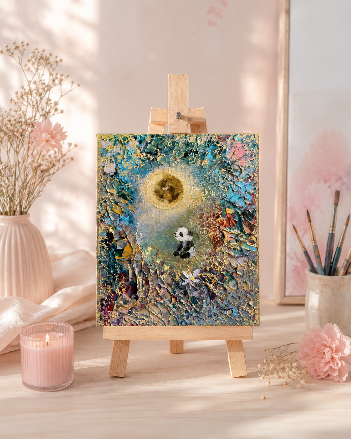 Under the Golden Moon – Handgemaltes Panda Gemälde 24 × 30 cm | Original Acrylmalerei | Kinderzimmer Wandbild | Hope & Light Collection