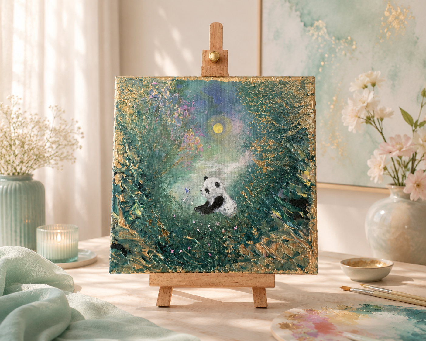 The First Light – Handgemaltes Panda Gemälde 20 × 20 cm | Original Acrylmalerei | Kinderzimmer Wandbild | Hope & Light Collection