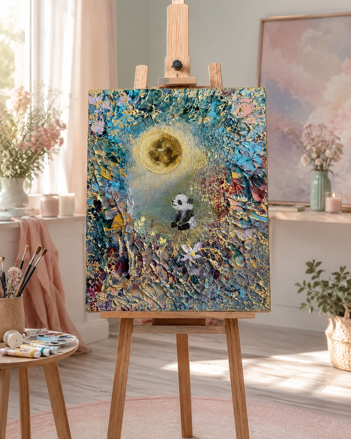 Under the Golden Moon – Handgemaltes Panda Gemälde 24 × 30 cm | Original Acrylmalerei | Kinderzimmer Wandbild | Hope & Light Collection