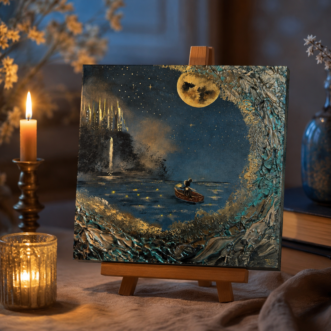 Fantasy-Gemälde mit Schloss, Mond & Lucy im Boot – Original Acrylgemälde 30 × 30 cm