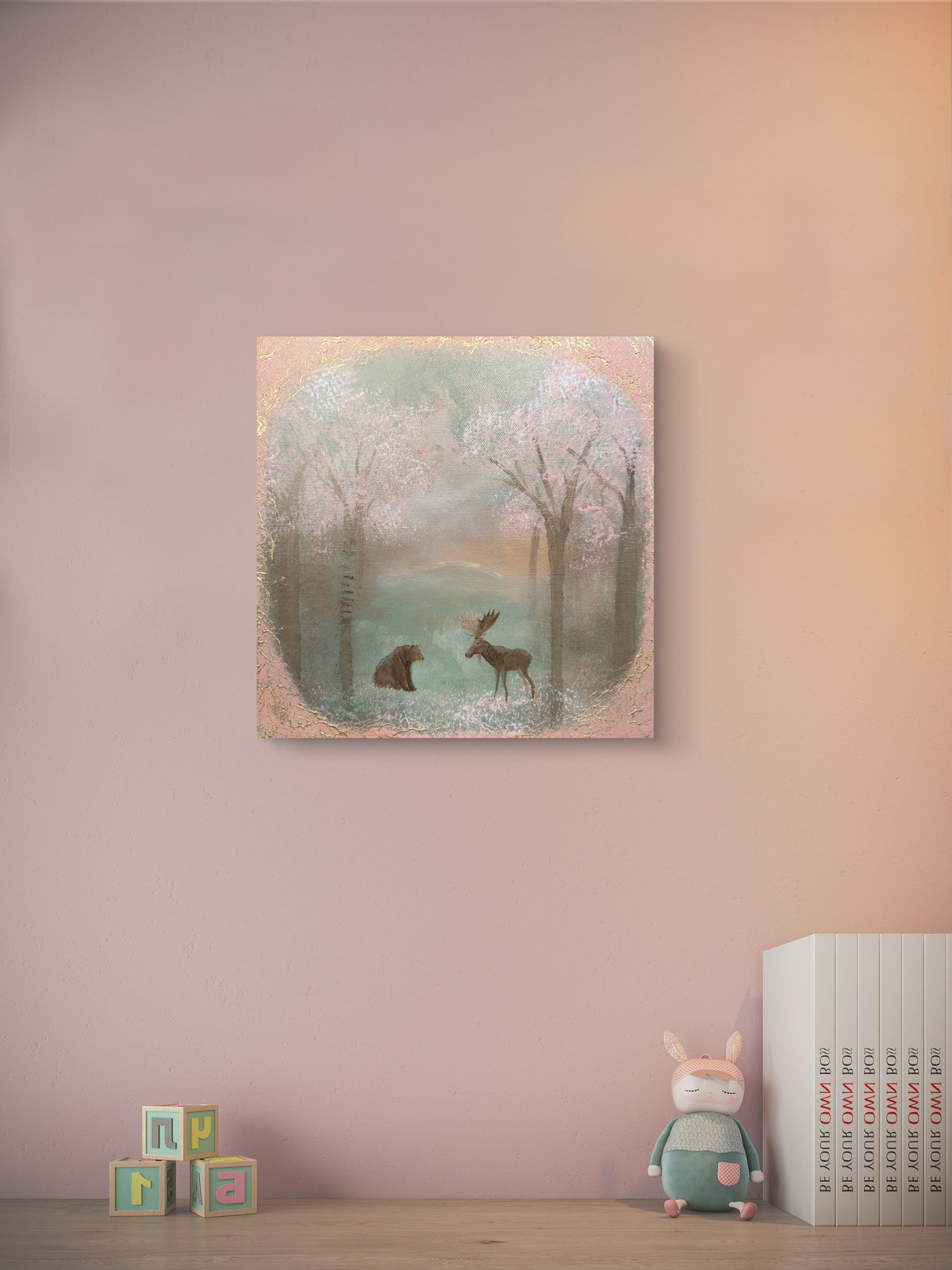 Gemälde 30x30 cm – Original Acrylbild Bär & Elch mit Struktur & Gold – Märchenhafte Waldkunst – When the Forest Dreams