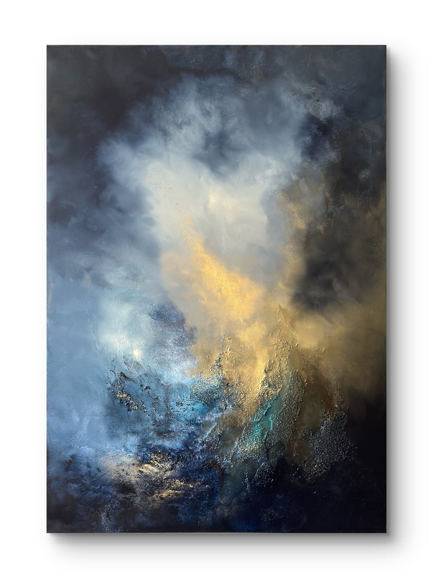 Abstraktes Gemälde 70x100 cm – Original Acrylbild Blau Gold mit Struktur – Moderne Wandkunst – When the Storm Remembers