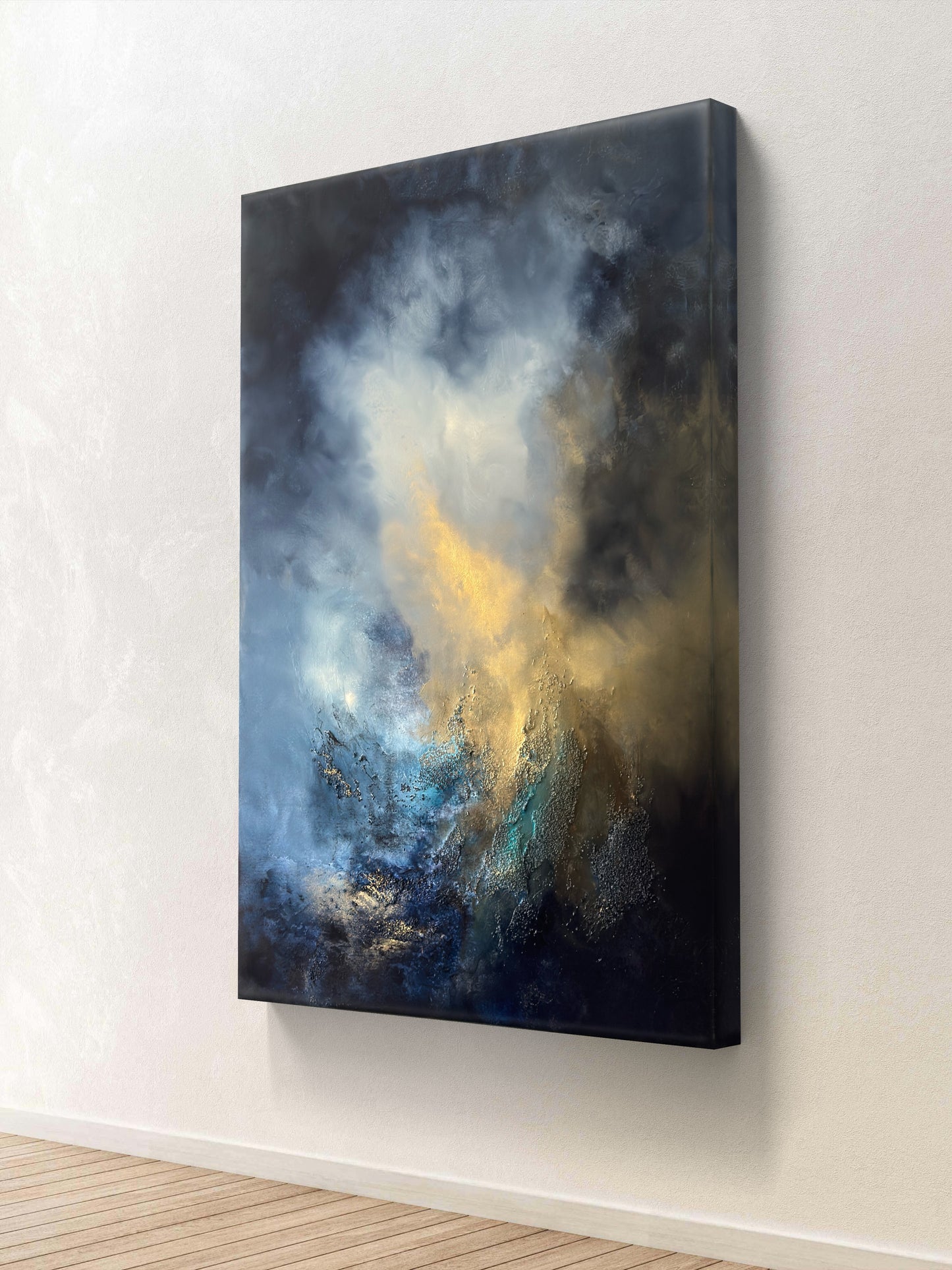 Abstraktes Gemälde 70x100 cm – Original Acrylbild Blau Gold mit Struktur – Moderne Wandkunst – When the Storm Remembers