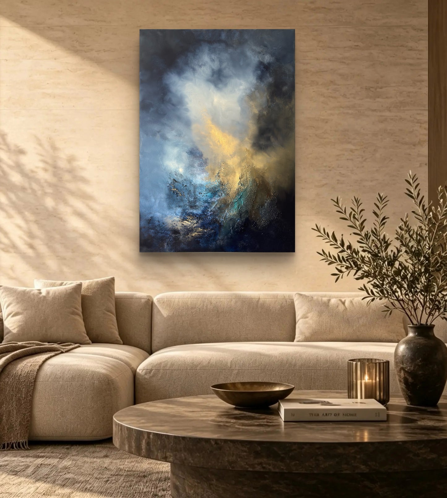 Abstraktes Gemälde 70x100 cm – Original Acrylbild Blau Gold mit Struktur – Moderne Wandkunst – When the Storm Remembers