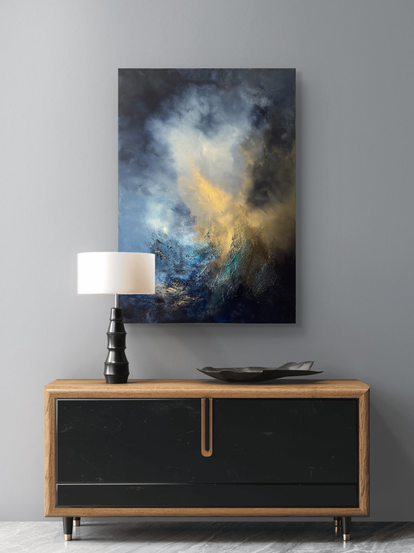 Abstraktes Gemälde 70x100 cm – Original Acrylbild Blau Gold mit Struktur – Moderne Wandkunst – When the Storm Remembers