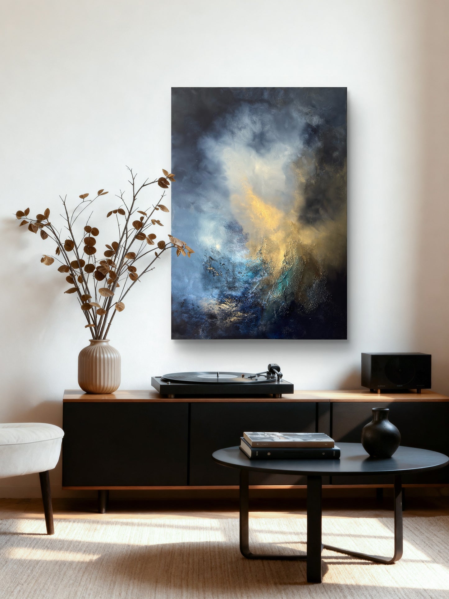 Abstraktes Gemälde 70x100 cm – Original Acrylbild Blau Gold mit Struktur – Moderne Wandkunst – When the Storm Remembers