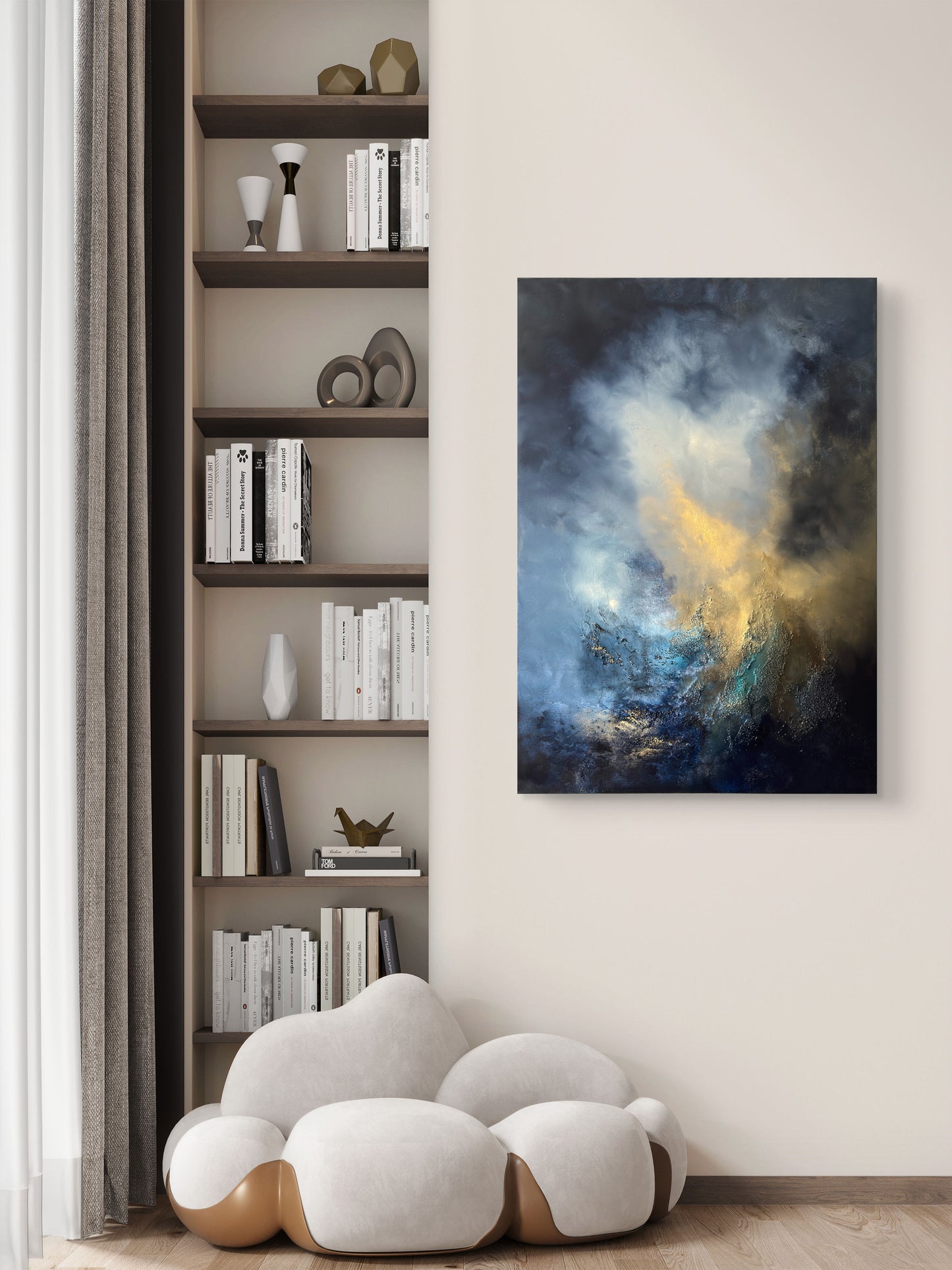 Abstraktes Gemälde 70x100 cm – Original Acrylbild Blau Gold mit Struktur – Moderne Wandkunst – When the Storm Remembers