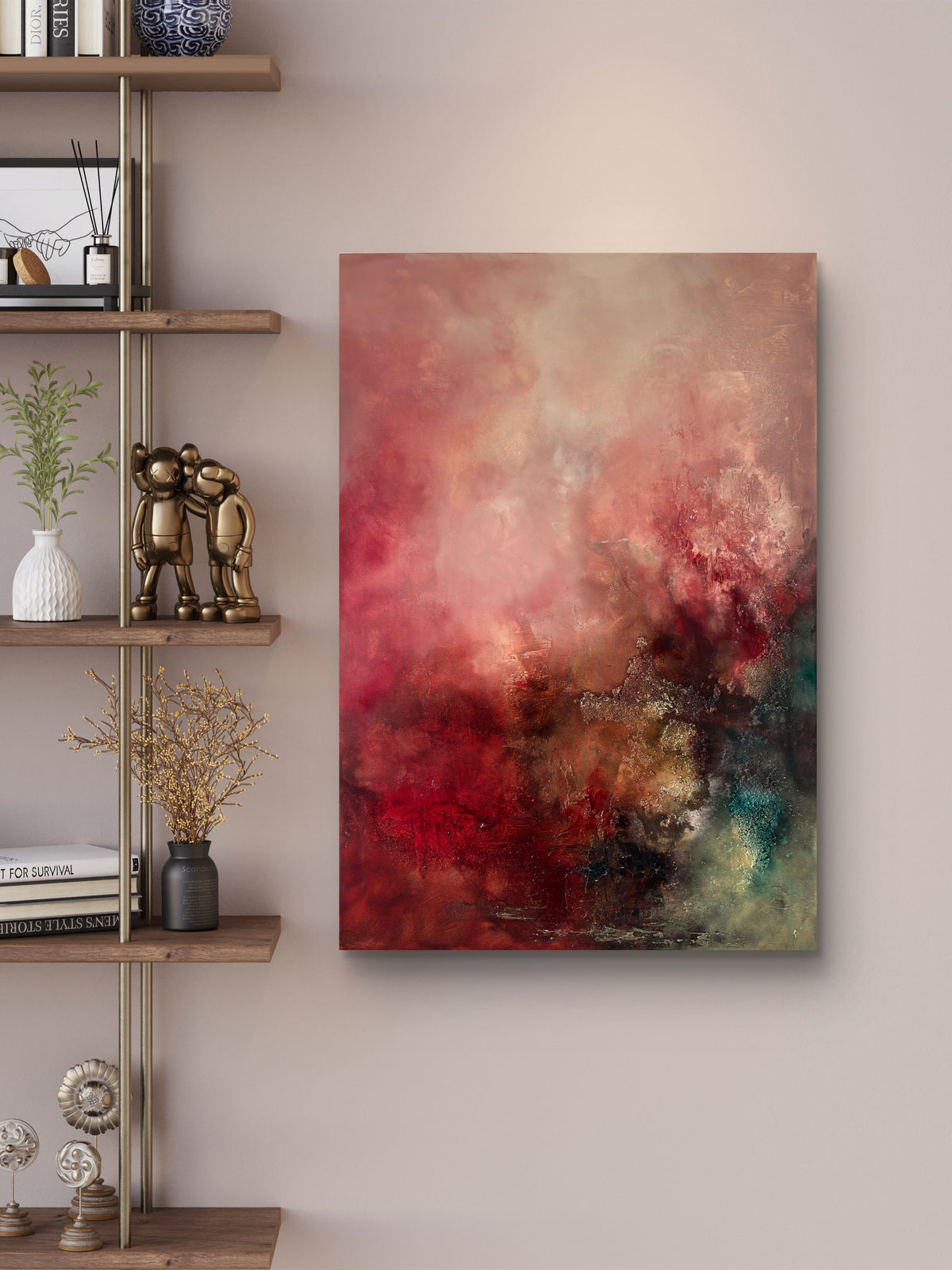 Abstraktes Gemälde 70x100 cm – Original Acrylbild Rot Gold mit Struktur – Moderne Wandkunst – After the Fire