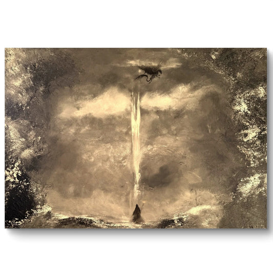 Fantasy Originalgemälde – Zauberer, Drache & Turm – Acryl auf Leinwand 70 × 100 cm – Handsigniert