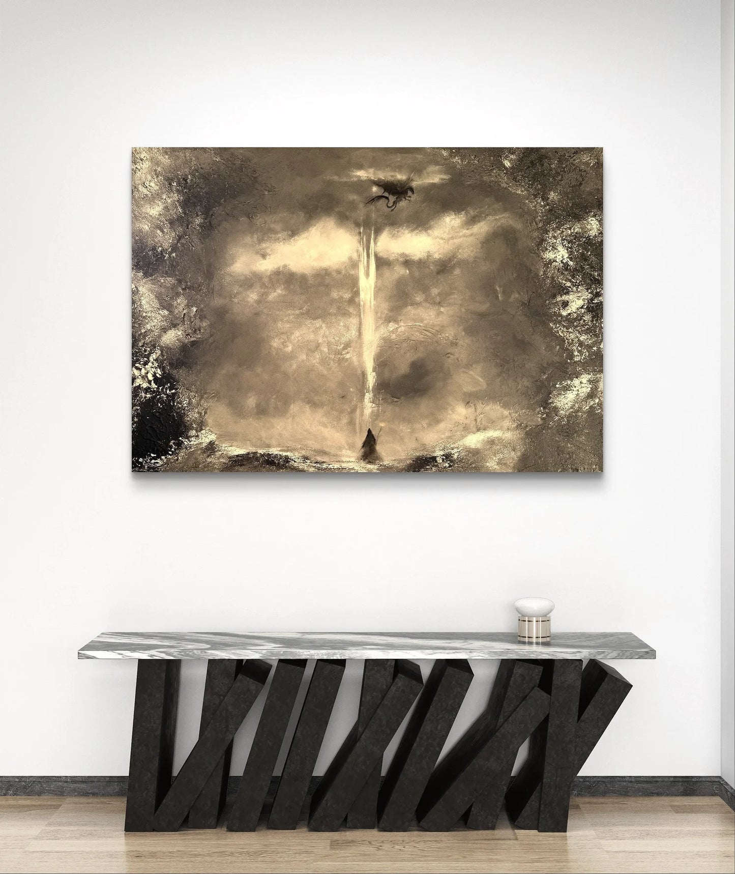 Fantasy Originalgemälde – Zauberer, Drache & Turm – Acryl auf Leinwand 70 × 100 cm – Handsigniert
