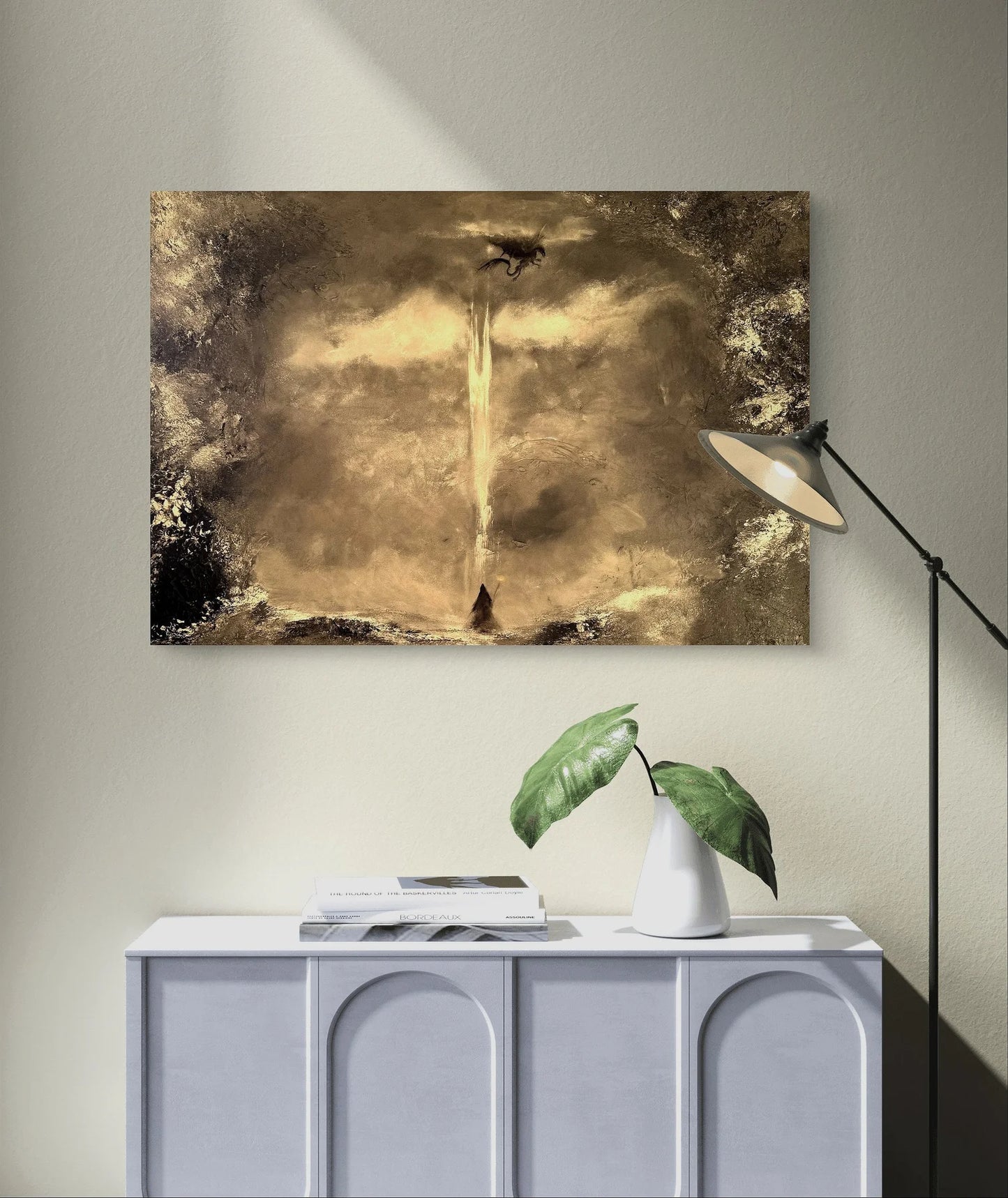 Fantasy Originalgemälde – Zauberer, Drache & Turm – Acryl auf Leinwand 70 × 100 cm – Handsigniert