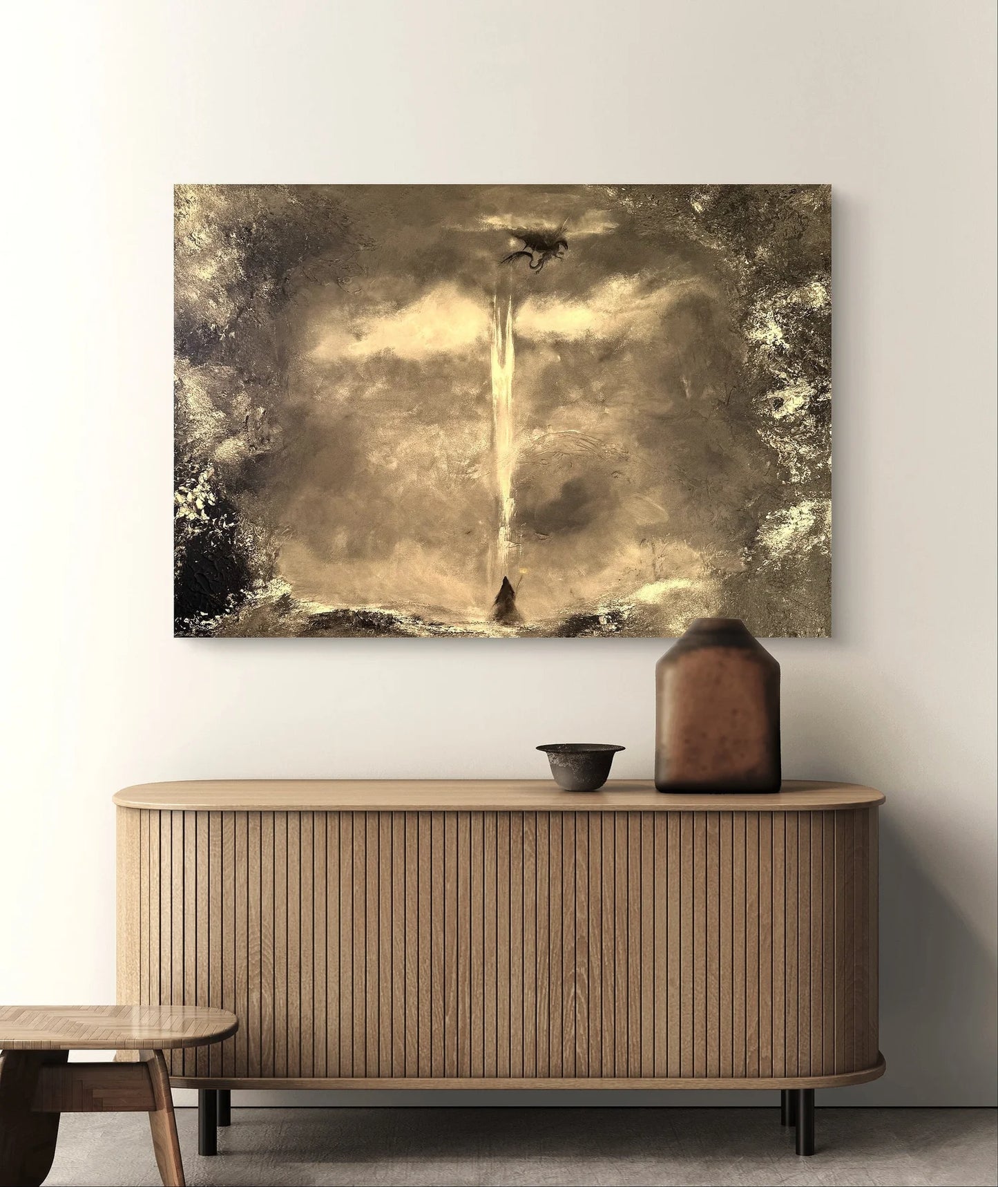 Fantasy Originalgemälde – Zauberer, Drache & Turm – Acryl auf Leinwand 70 × 100 cm – Handsigniert