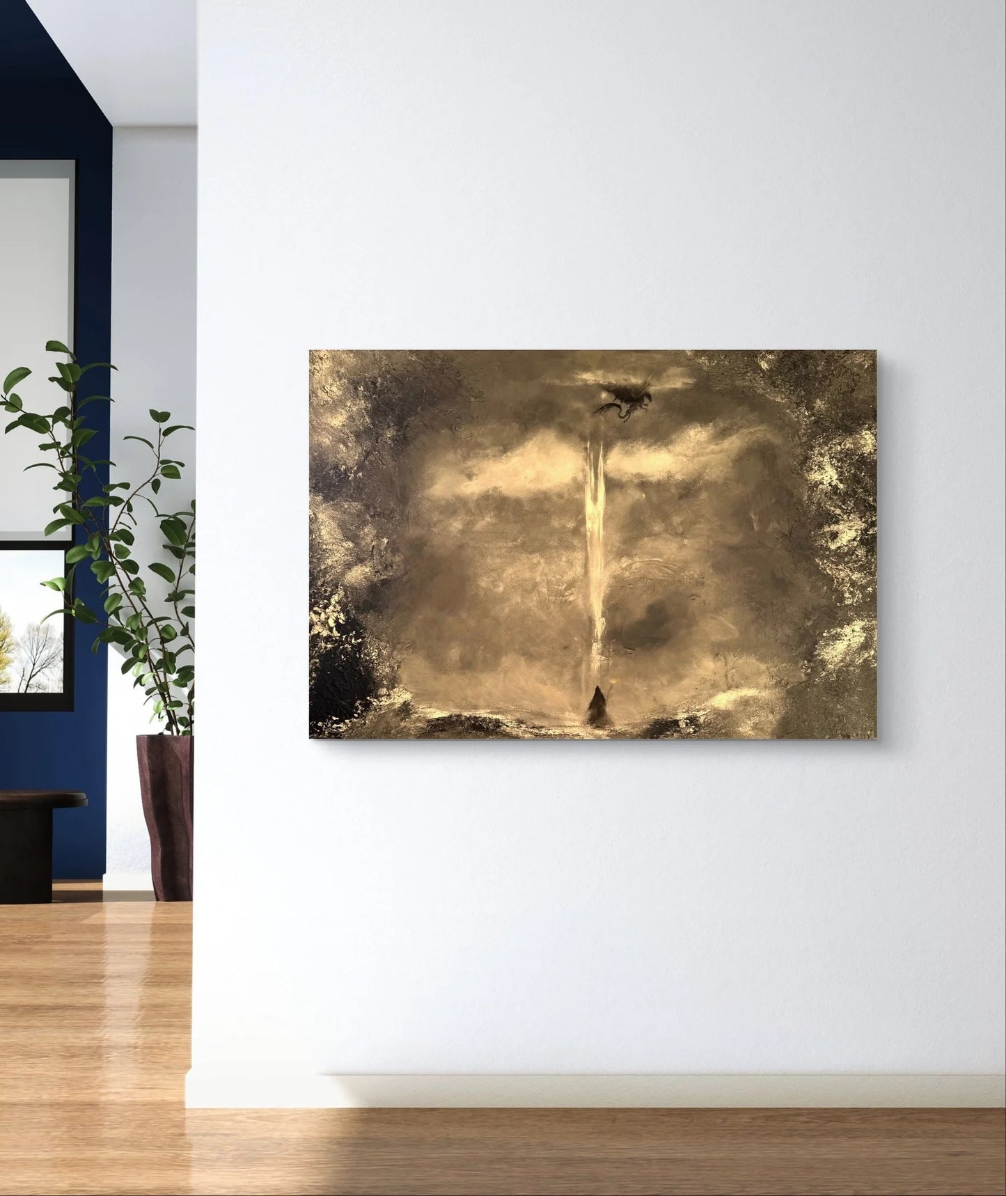 Fantasy Originalgemälde – Zauberer, Drache & Turm – Acryl auf Leinwand 70 × 100 cm – Handsigniert