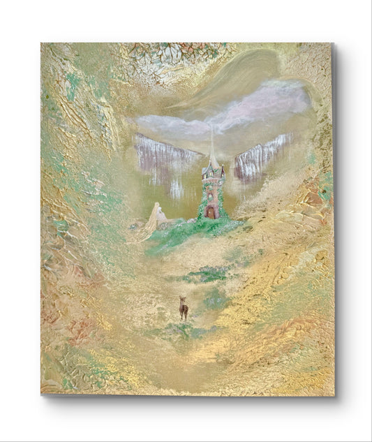 Fantasy Originalgemälde – Rapunzel’s Golden Realm mit Goldakzenten – Acryl auf Leinwand 50 × 40 cm – Handsigniert