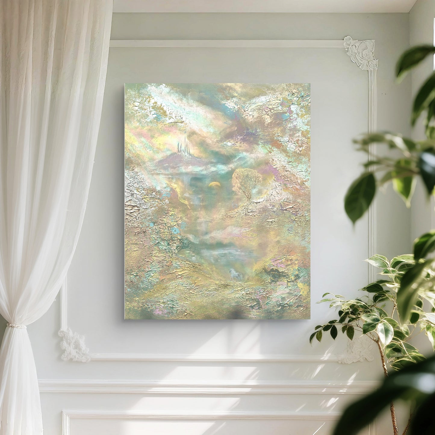Pastellfarbenes Fantasy-Landschaftsgemälde mit Pferd, Schwan, Hirsch und Schloss – Original 80 × 100 cm