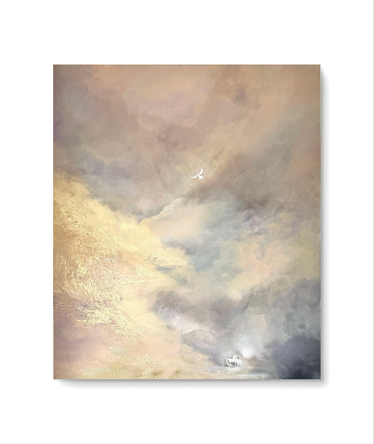 Original handgemaltes Fantasy-Gemälde „Whispers of Magic“ 120 × 100 cm mit Einhorn & Traumlandschaft