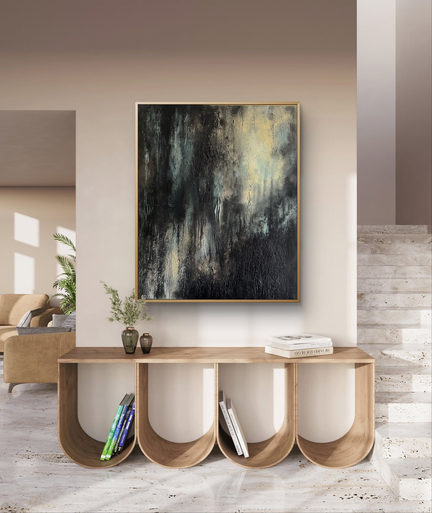 Großes abstraktes Gemälde Schwarz - Beige - Unikat - handgemalt - original Wandkunst