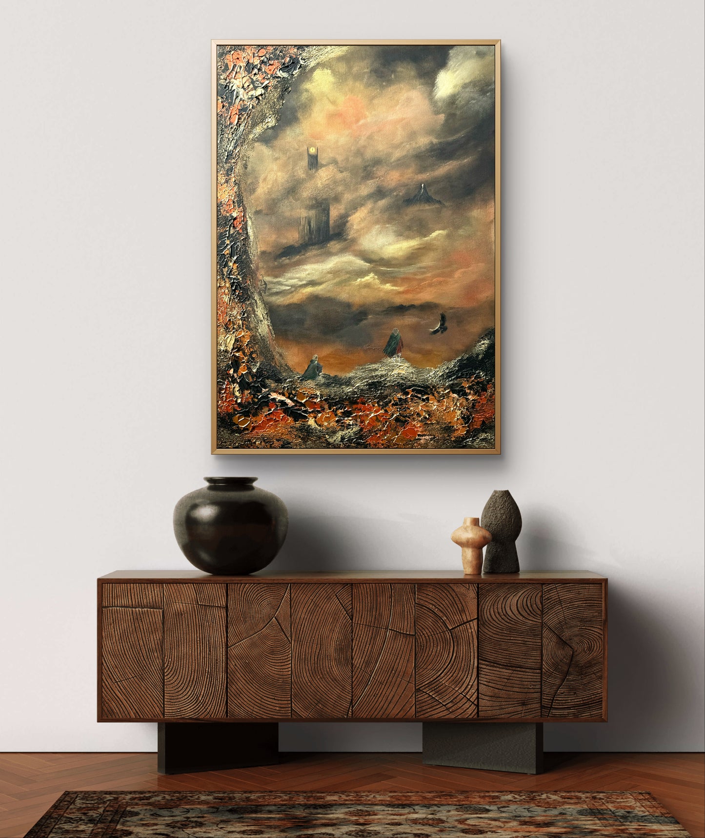 Fantasy Originalgemälde – Epische Landschaft in Gold & Schwarz – Acryl auf Leinwand 70 × 100 cm – Handsigniert