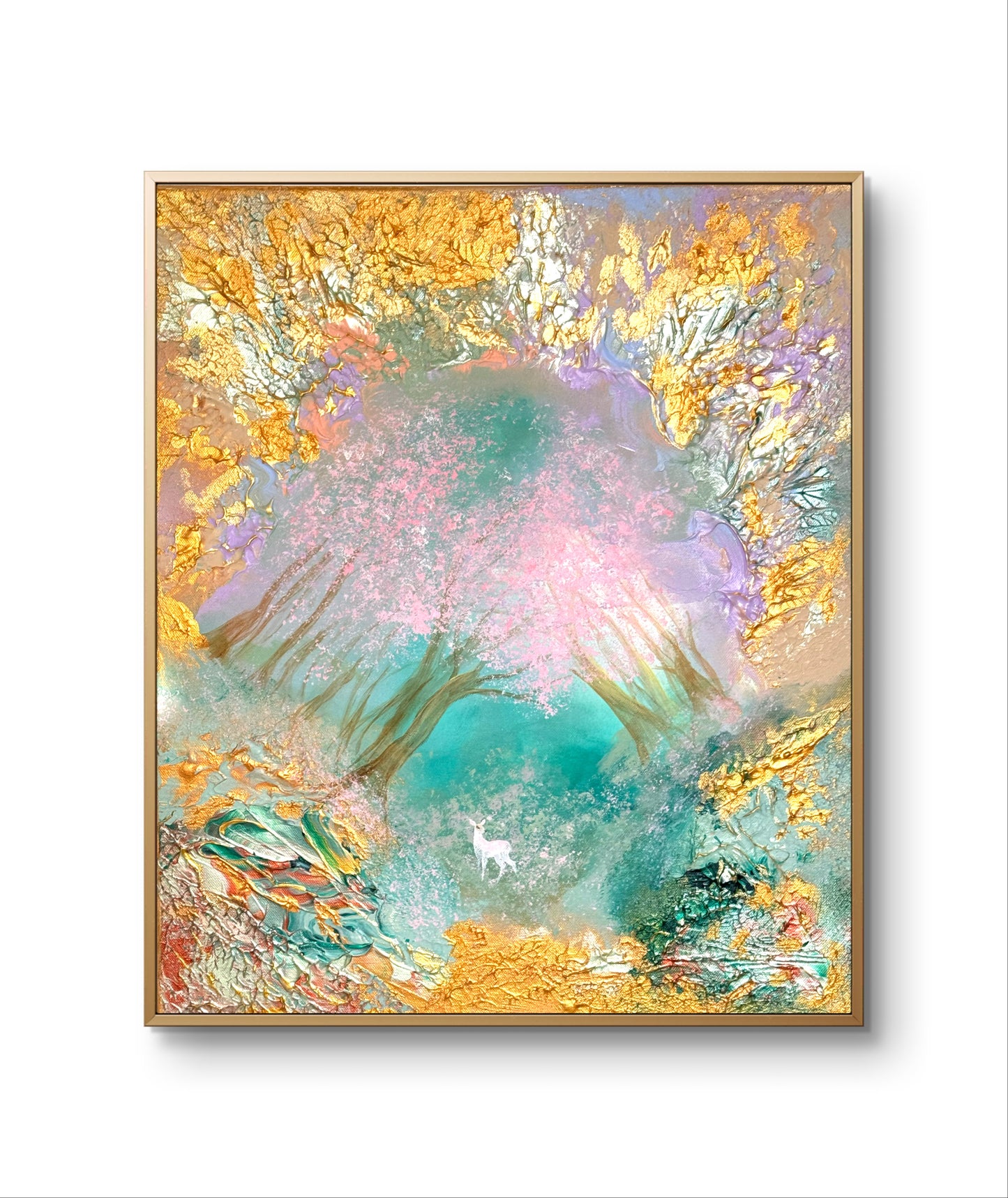 Original handgemaltes Fantasy-Gemälde 50 × 60 cm mit Hirschkalb im magischen Wald