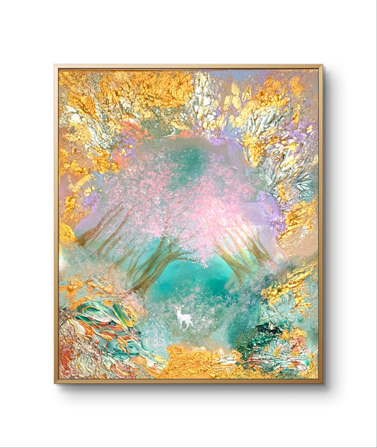 Original handgemaltes Fantasy-Gemälde 50 × 60 cm mit Hirschkalb im magischen Wald