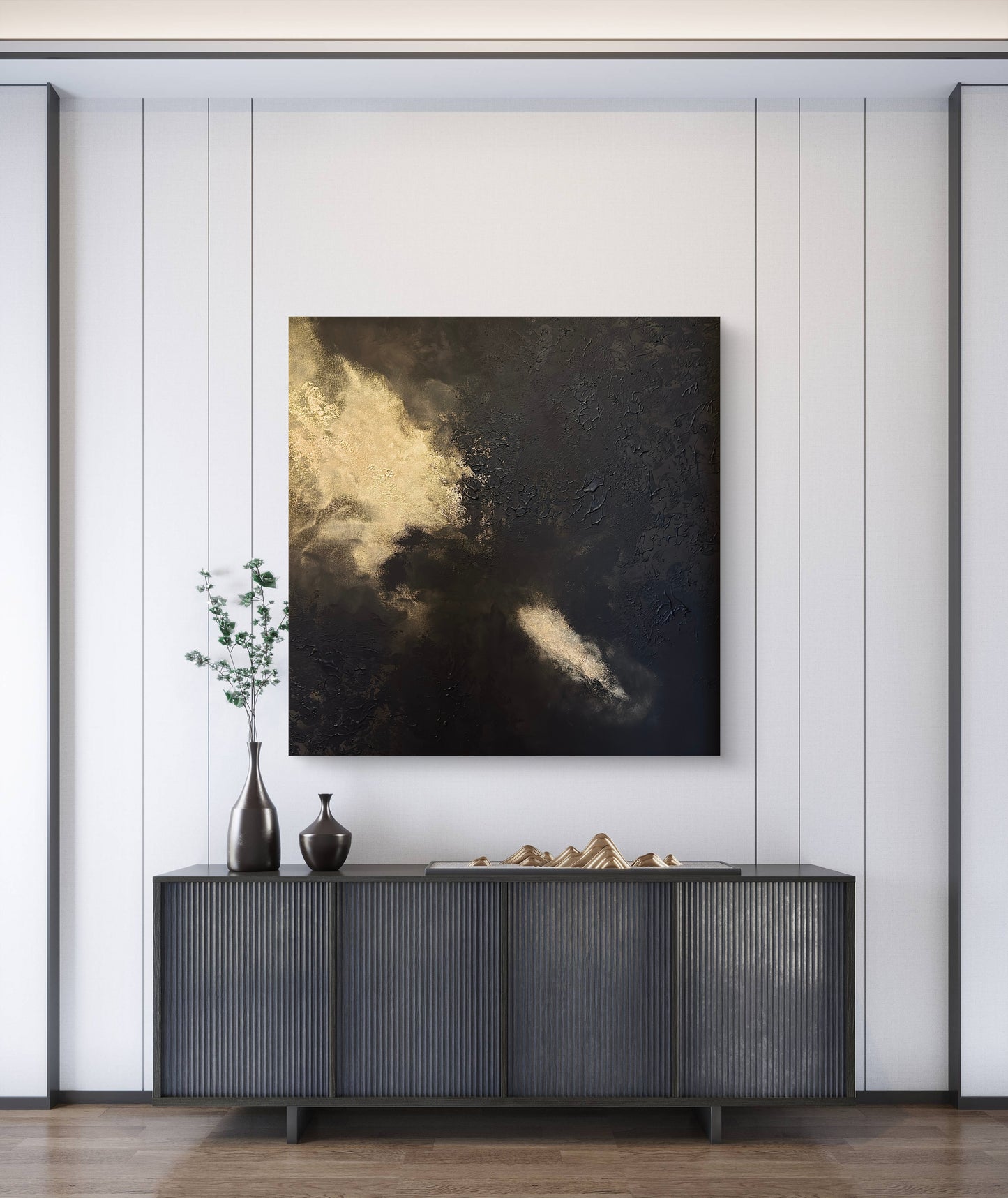 Original handgemaltes abstraktes Gemälde 90 × 90 cm in Gold und Schwarz mit Struktur