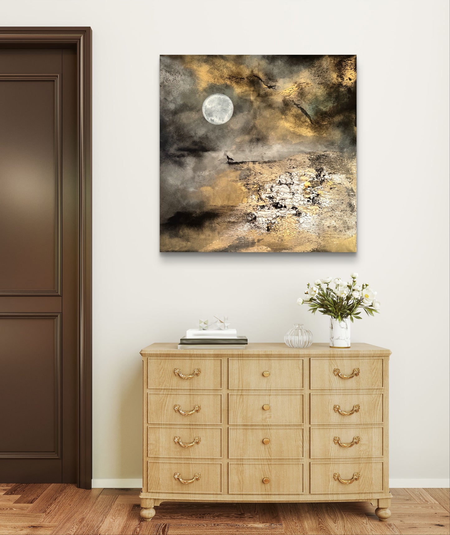 Original handgemaltes Fantasy Gemälde - Wolf - Nachtlandschaft