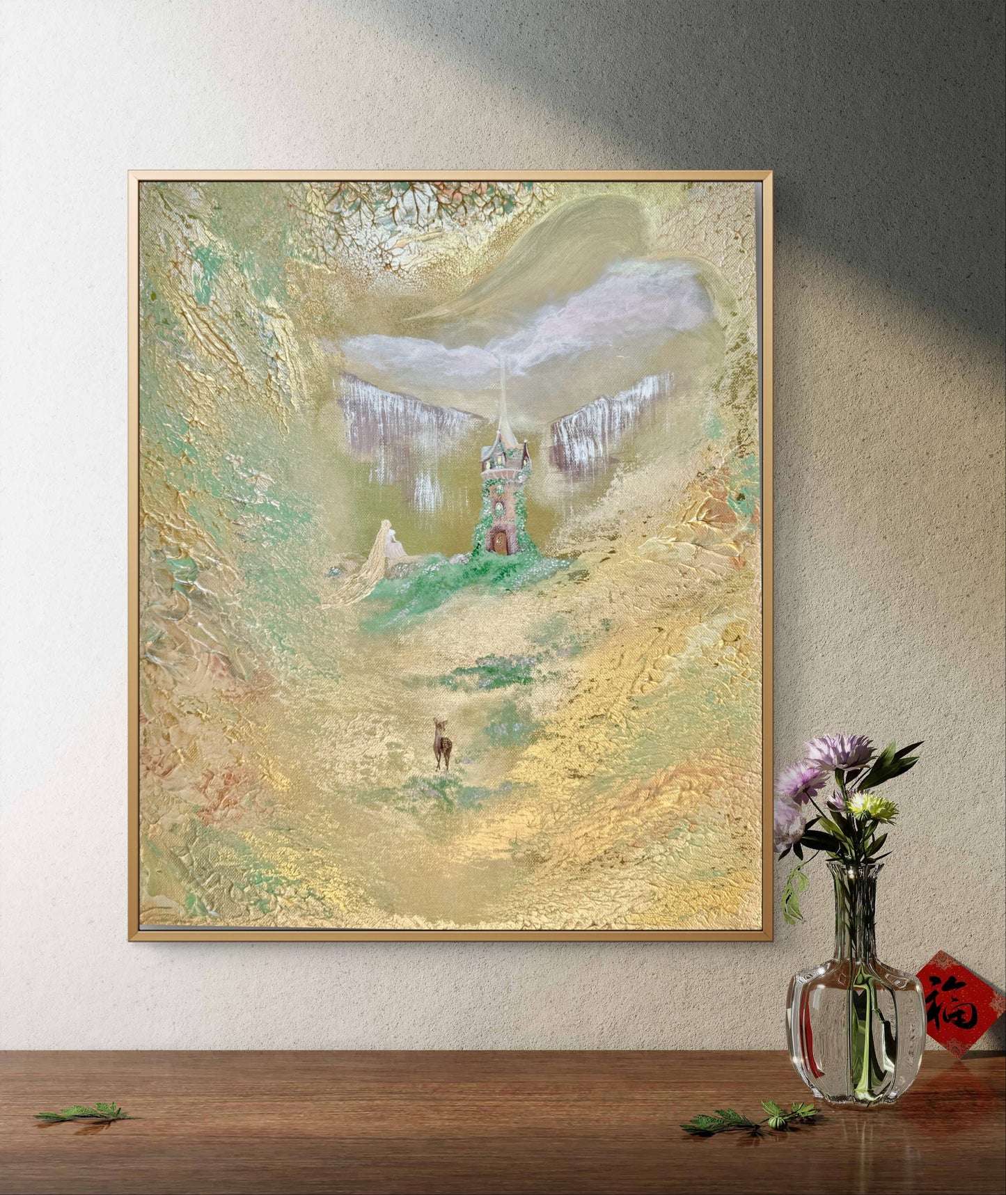 Fantasy Originalgemälde – Rapunzel’s Golden Realm mit Goldakzenten – Acryl auf Leinwand 50 × 40 cm – Handsigniert