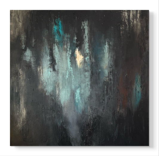 Abstraktes Originalgemälde in Schwarz, Türkis & Gold – Acryl auf Leinwand 100 × 100 cm – Handsigniert