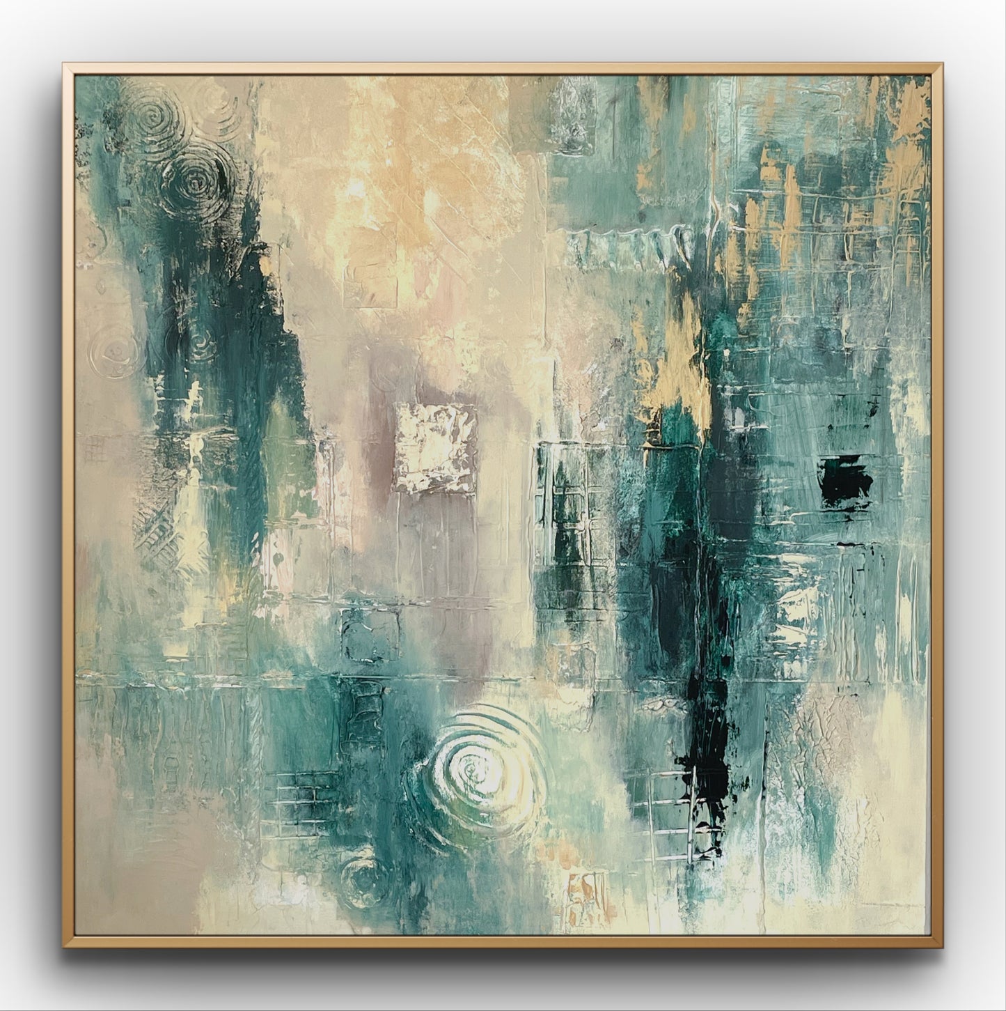 Original handgemaltes abstraktes Gemälde 100 × 100 cm in Türkis, Grün, Creme & Gold mit Struktur