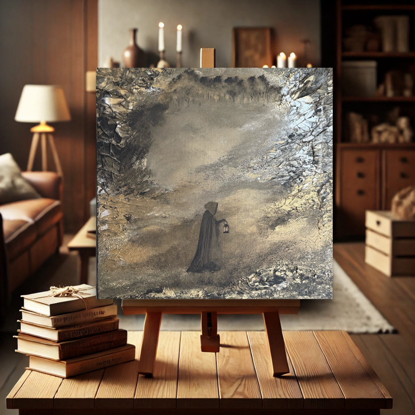 Fantasy Originalgemälde – Geheimnisvolle Figur mit Laterne – Acryl auf Leinwand 30 × 30 cm – Handsigniert