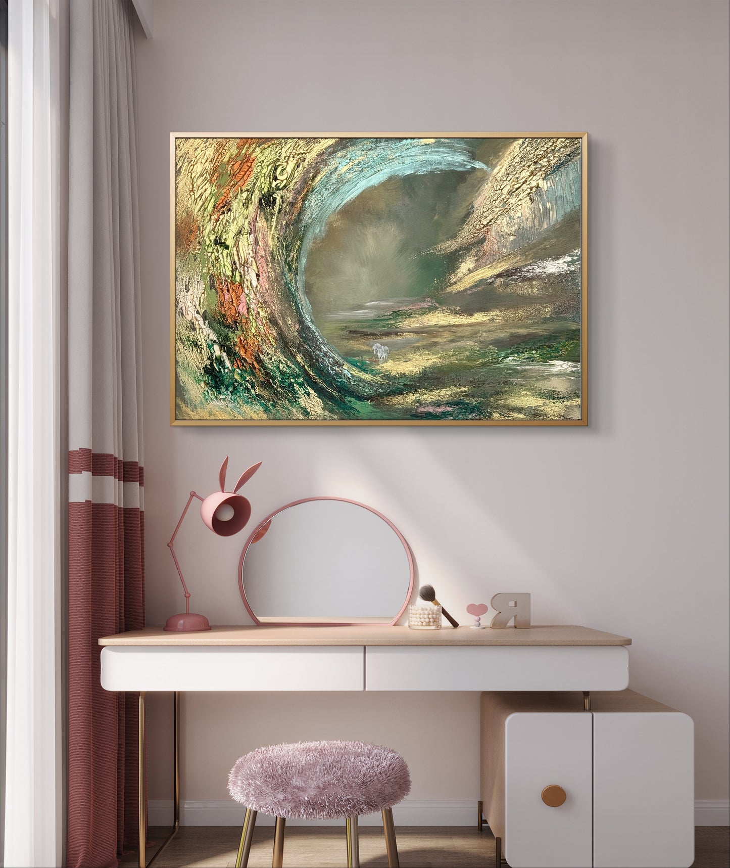 Fantasy Originalgemälde – Weißes Pferd in Herbst-Traumlandschaft – Acryl auf Leinwand 50 × 70 cm – Handsigniert