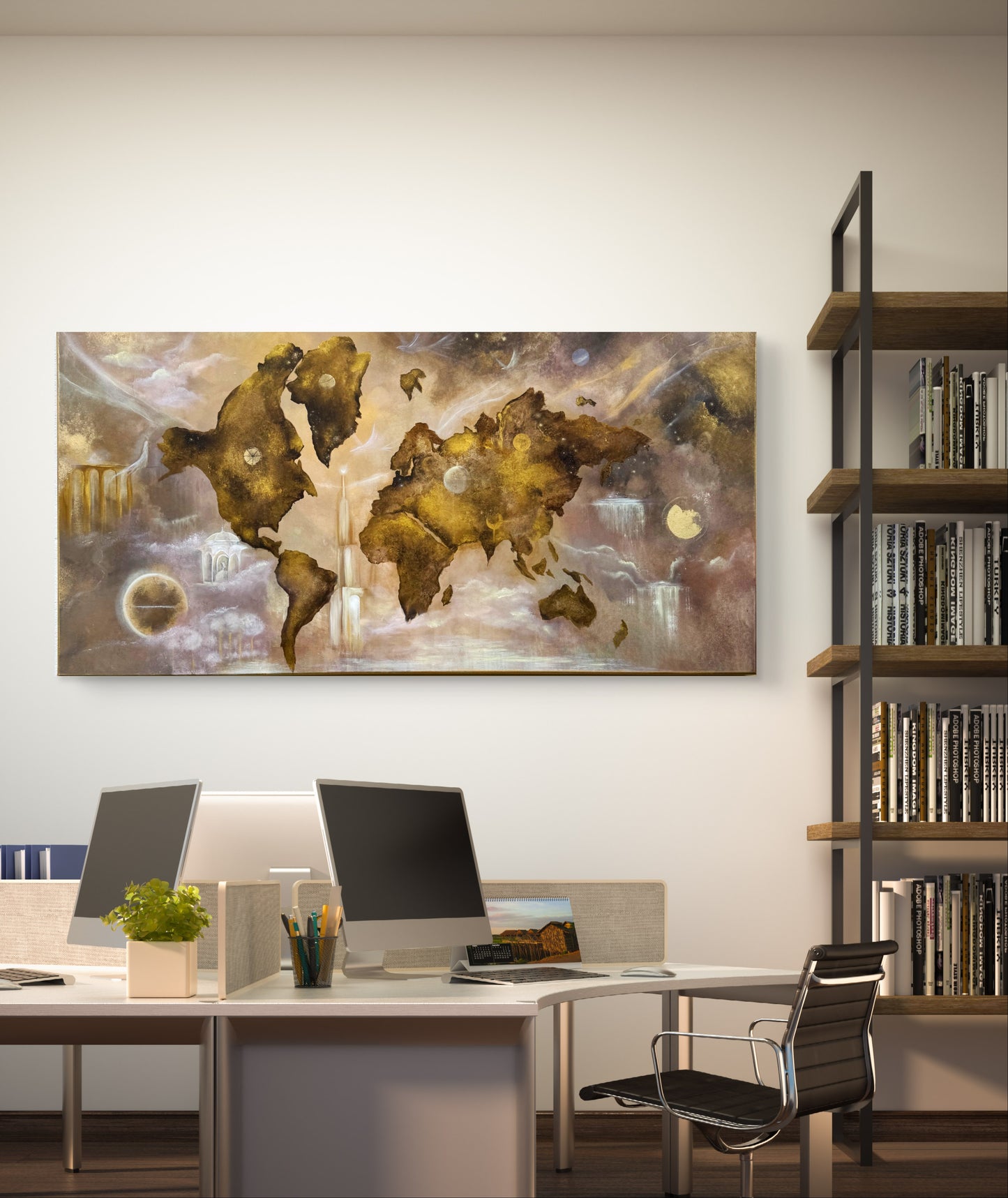 Original handgemaltes Weltkarten-Gemälde 140 × 70 cm in Gold mit kosmischen Elementen und Struktur