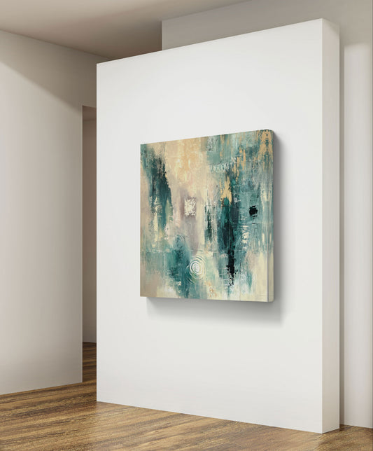 Original handgemaltes abstraktes Gemälde 100 × 100 cm in Türkis, Grün, Creme & Gold mit Struktur