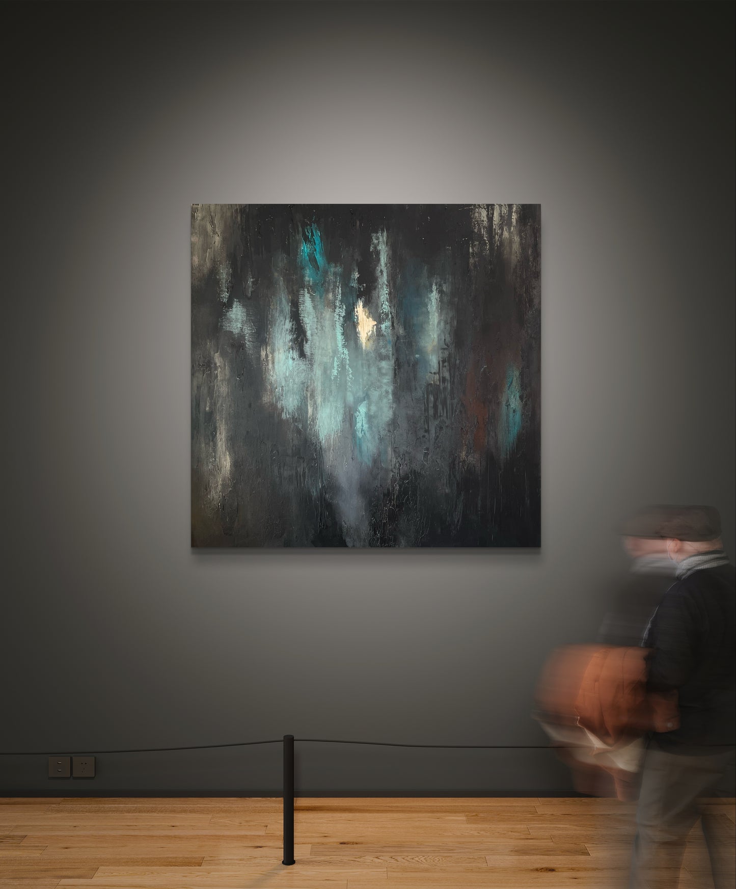 Abstraktes Originalgemälde in Schwarz, Türkis & Gold – Acryl auf Leinwand 100 × 100 cm – Handsigniert