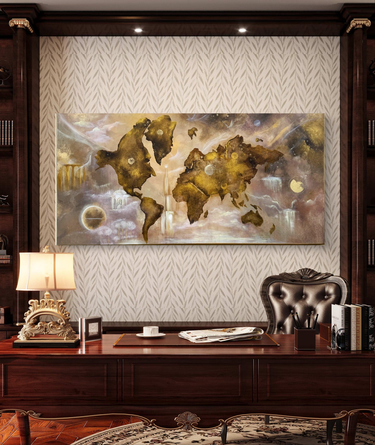 Original handgemaltes Weltkarten-Gemälde 140 × 70 cm in Gold mit kosmischen Elementen und Struktur