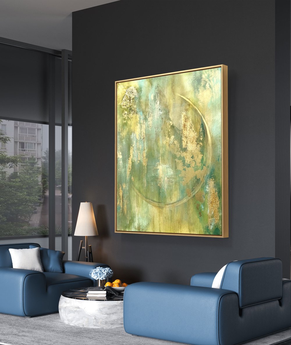 Großes abstraktes Gemälde 120cm x 100cm in Grün und Gold - perfekt für Wohnzimmer oder Büro