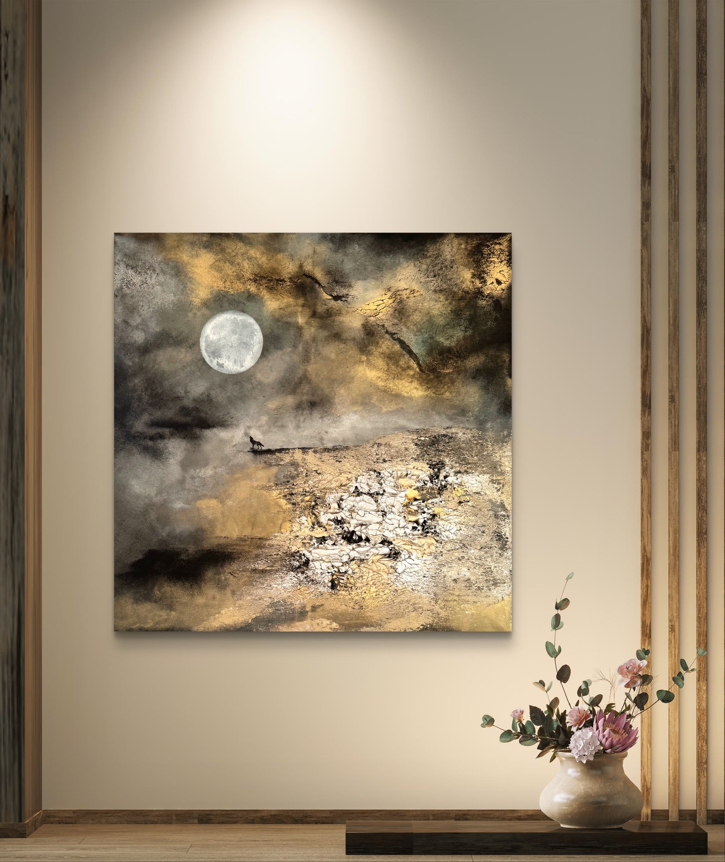 Original handgemaltes Fantasy Gemälde - Wolf - Nachtlandschaft