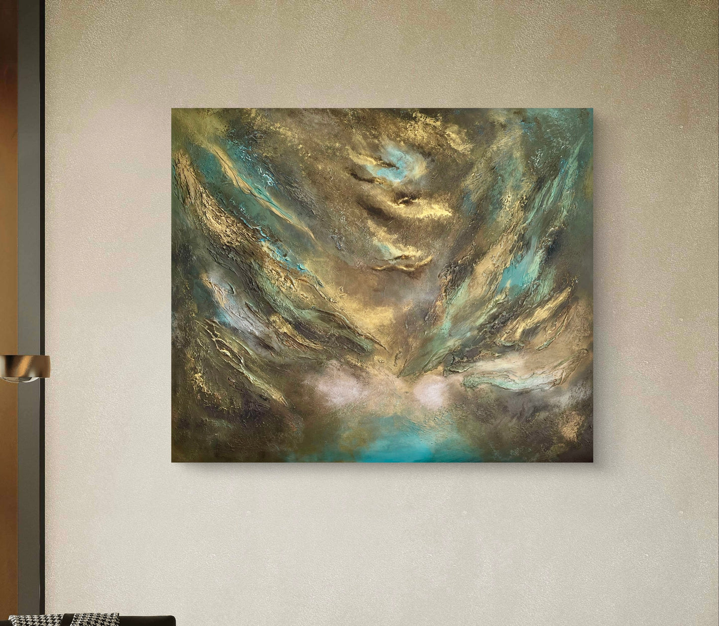 Abstraktes Gemälde in Gold, Türkis & Bronze kaufen – Original Acrylgemälde 120 × 100 cm