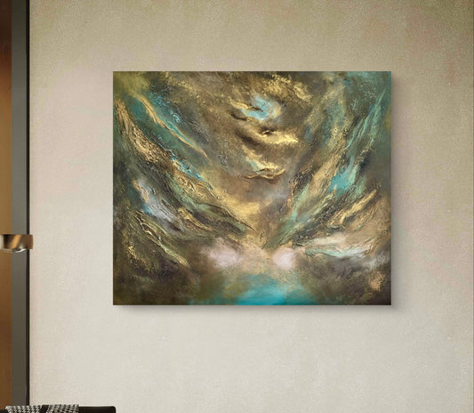 Abstraktes Gemälde in Gold, Türkis & Bronze kaufen – Original Acrylgemälde 120 × 100 cm