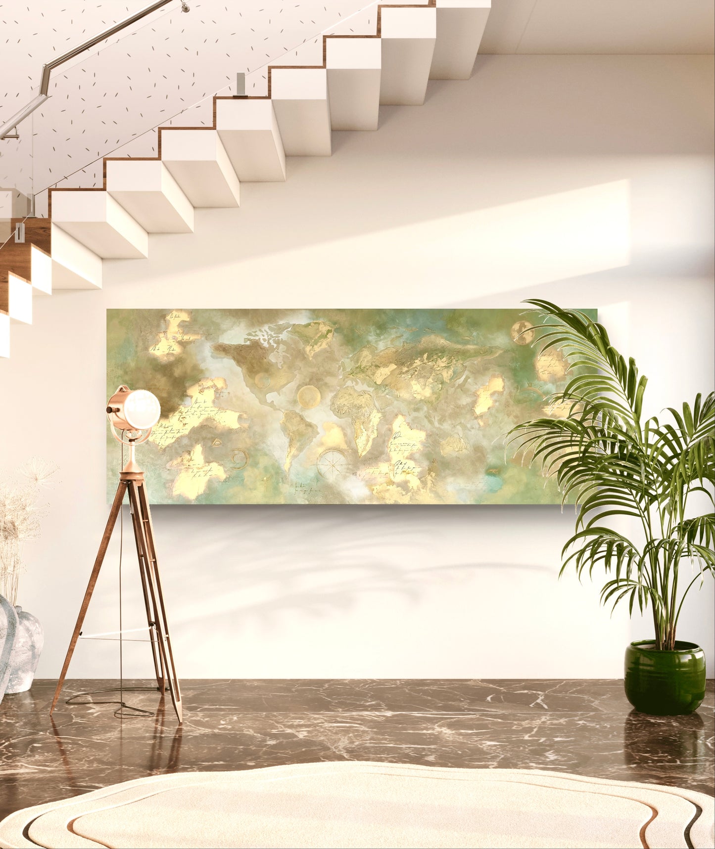 Original handgemalte XXL-Weltkarte 80 × 200 cm mit Struktur, Blattgold & spirituellen Symbolen
