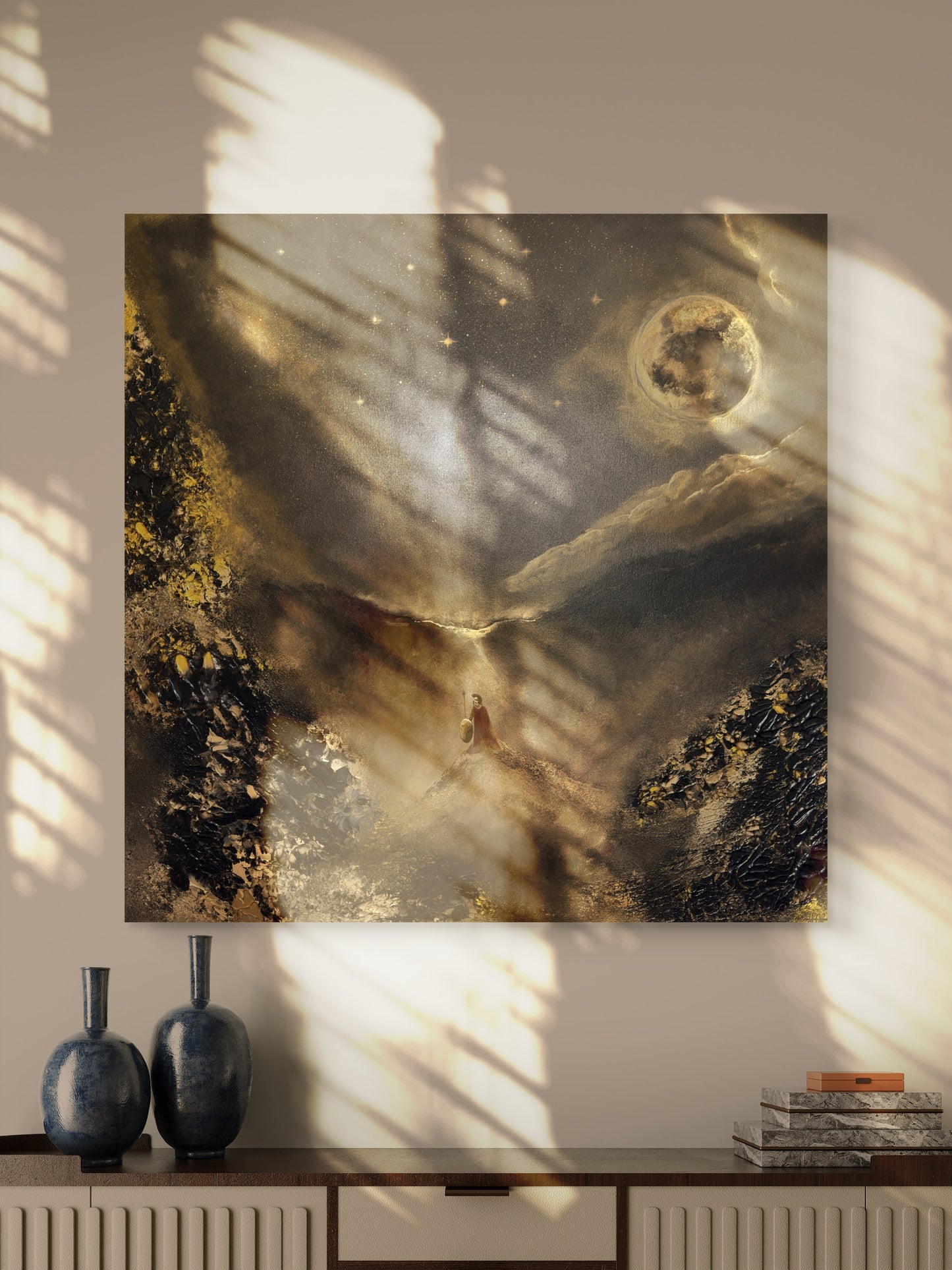 Original handgemaltes Krieger-Gemälde 80 × 80 cm in Gold, Schwarz & Bronze mit Struktur