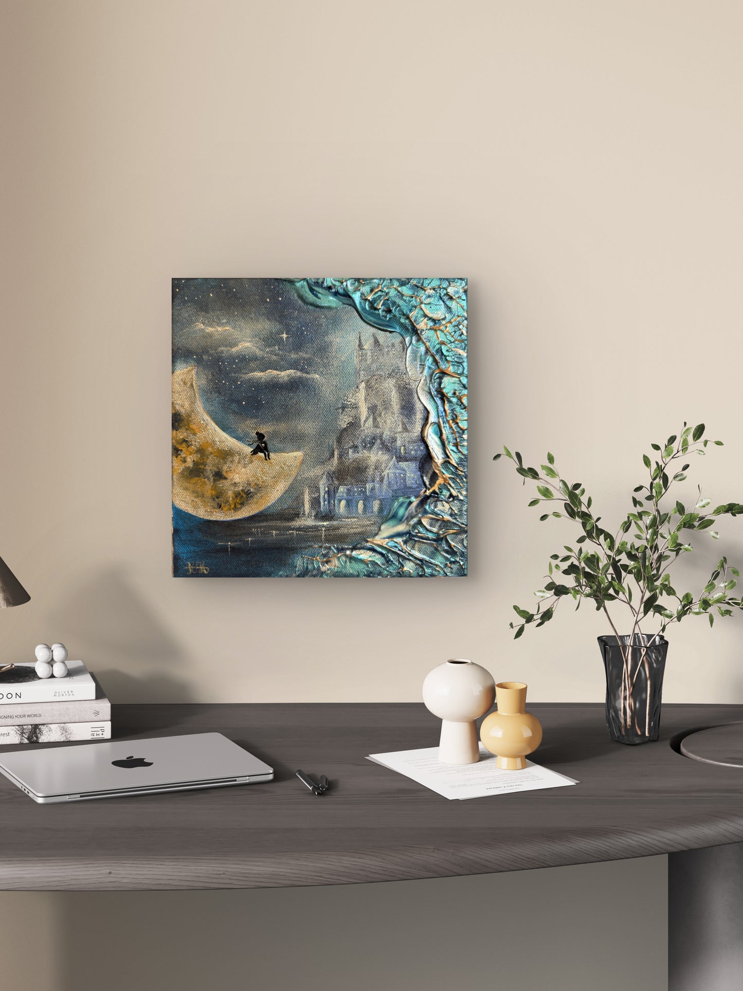 Fantasy-Gemälde mit Mond, Schloss & Lucy kaufen – Original Acrylgemälde 20 × 20 cm