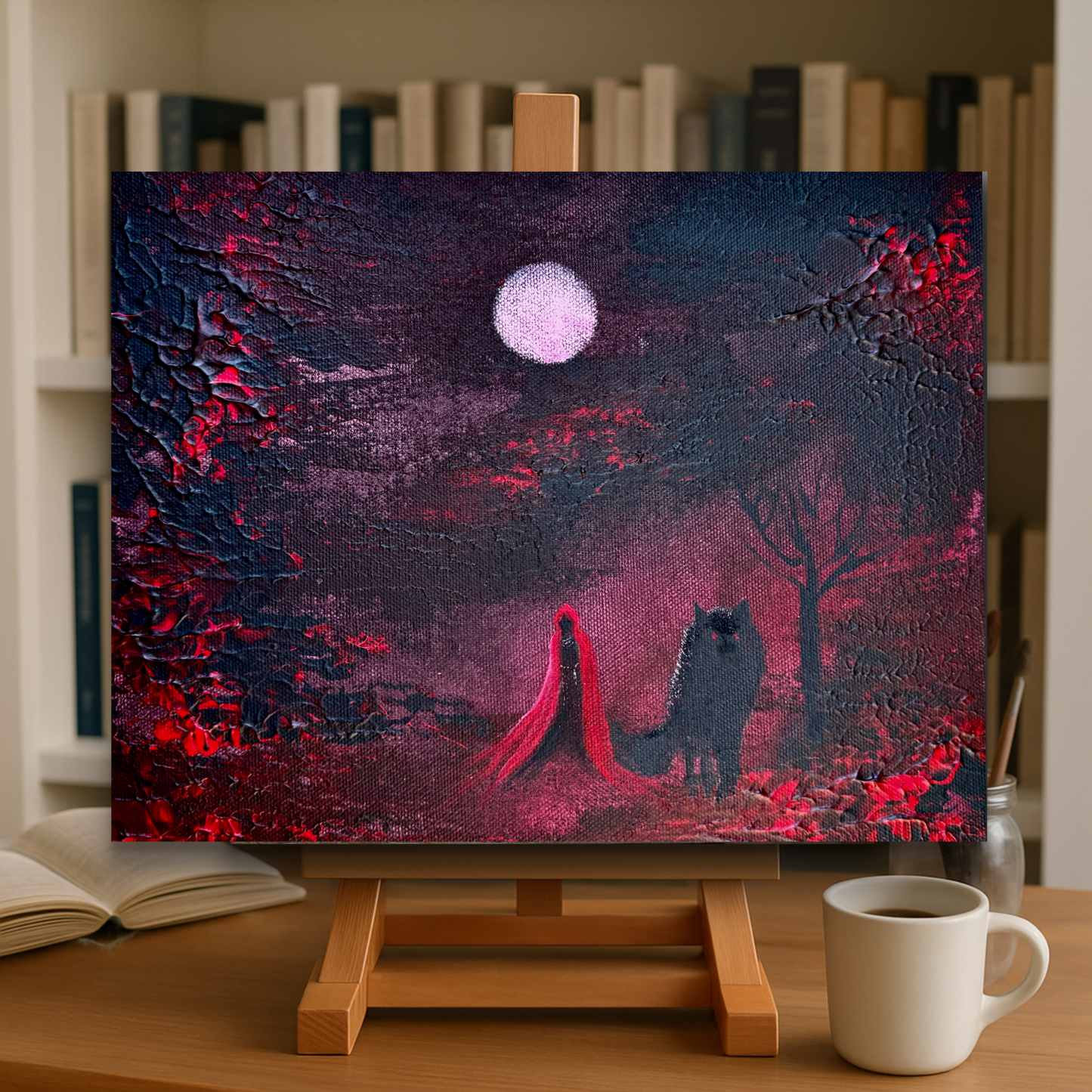 Fantasy Originalgemälde – Rotkäppchen & Wolf – Acryl auf Leinwand 20 × 30 cm – Handsigniert